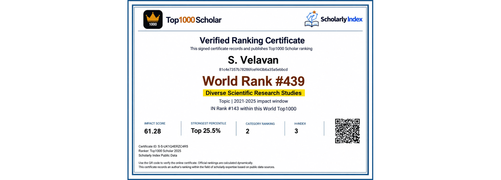 Top1000 Scholar certificate, World Rank 439